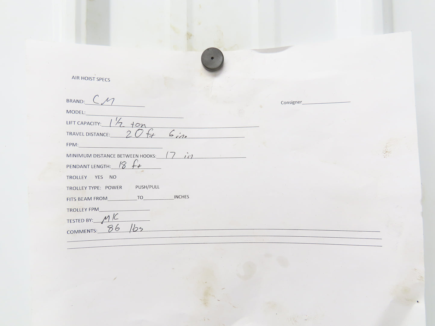 CM Cyclone 1-1/2 Ton 3000Lb Manual Chain Fall Hand Hoist 20' 6" Lift