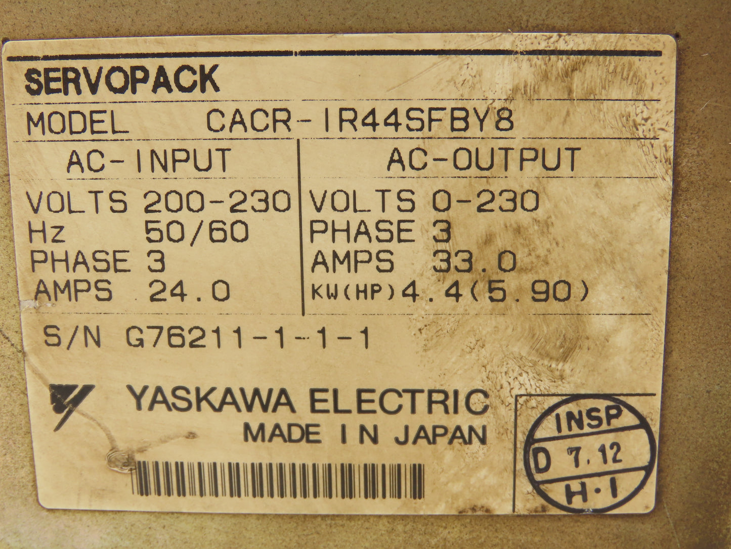 Yaskawa CACR-IR44SFBY8 P00 B12 Servo Drive Controller Servopack 5.9Hp 230VAC 3Ph
