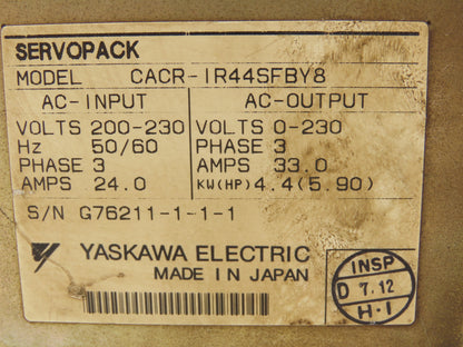 Yaskawa CACR-IR44SFBY8 P00 B12 Servo Drive Controller Servopack 5.9Hp 230VAC 3Ph