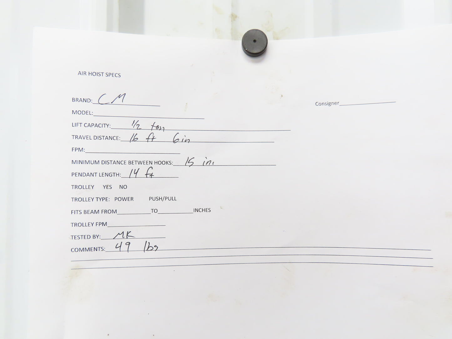 CM Cyclone 1/2 Ton 1000Lb Manual Chain Fall Hand Hoist 16' 6" Lift