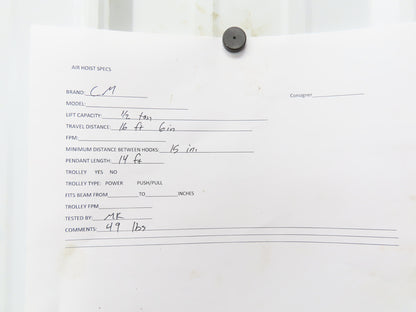 CM Cyclone 1/2 Ton 1000Lb Manual Chain Fall Hand Hoist 16' 6" Lift