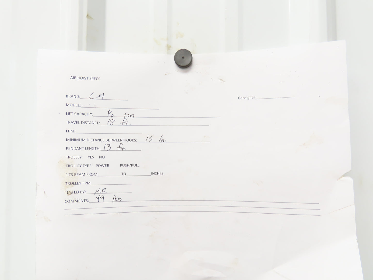 CM Cyclone 1/2 Ton 1000Lb Manual Chain Fall Hand Hoist 18' Lift