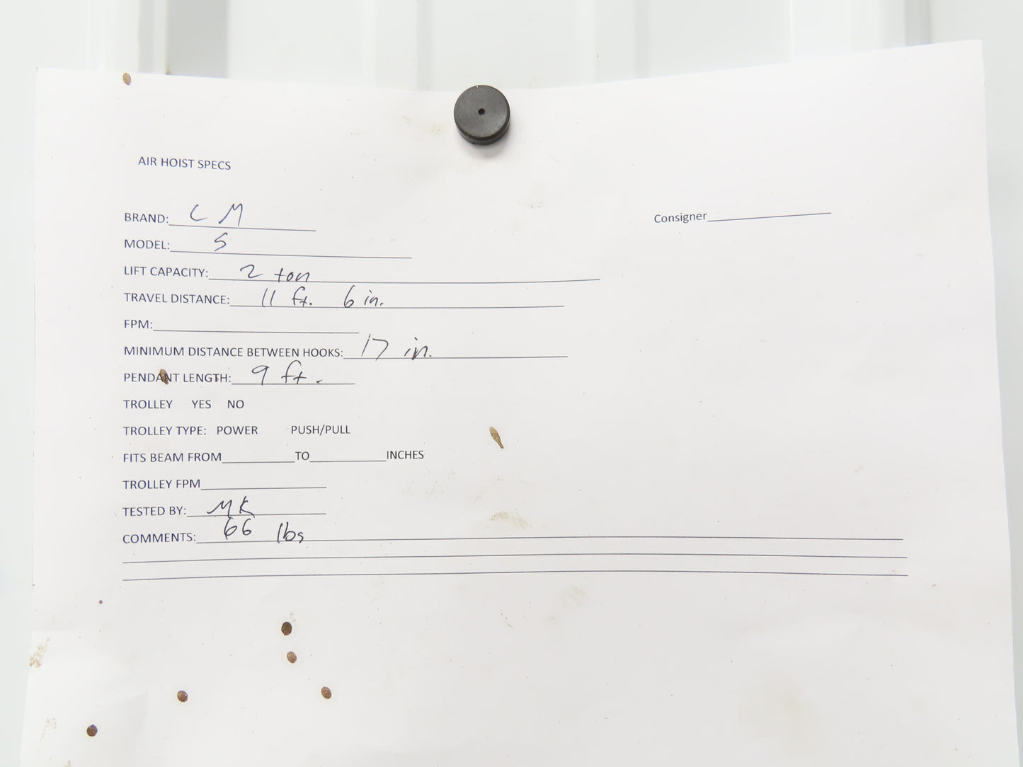CM Cyclone Model S 2 Ton 4000Lb Manual Chain Fall Hand Hoist 11' 6" Lift