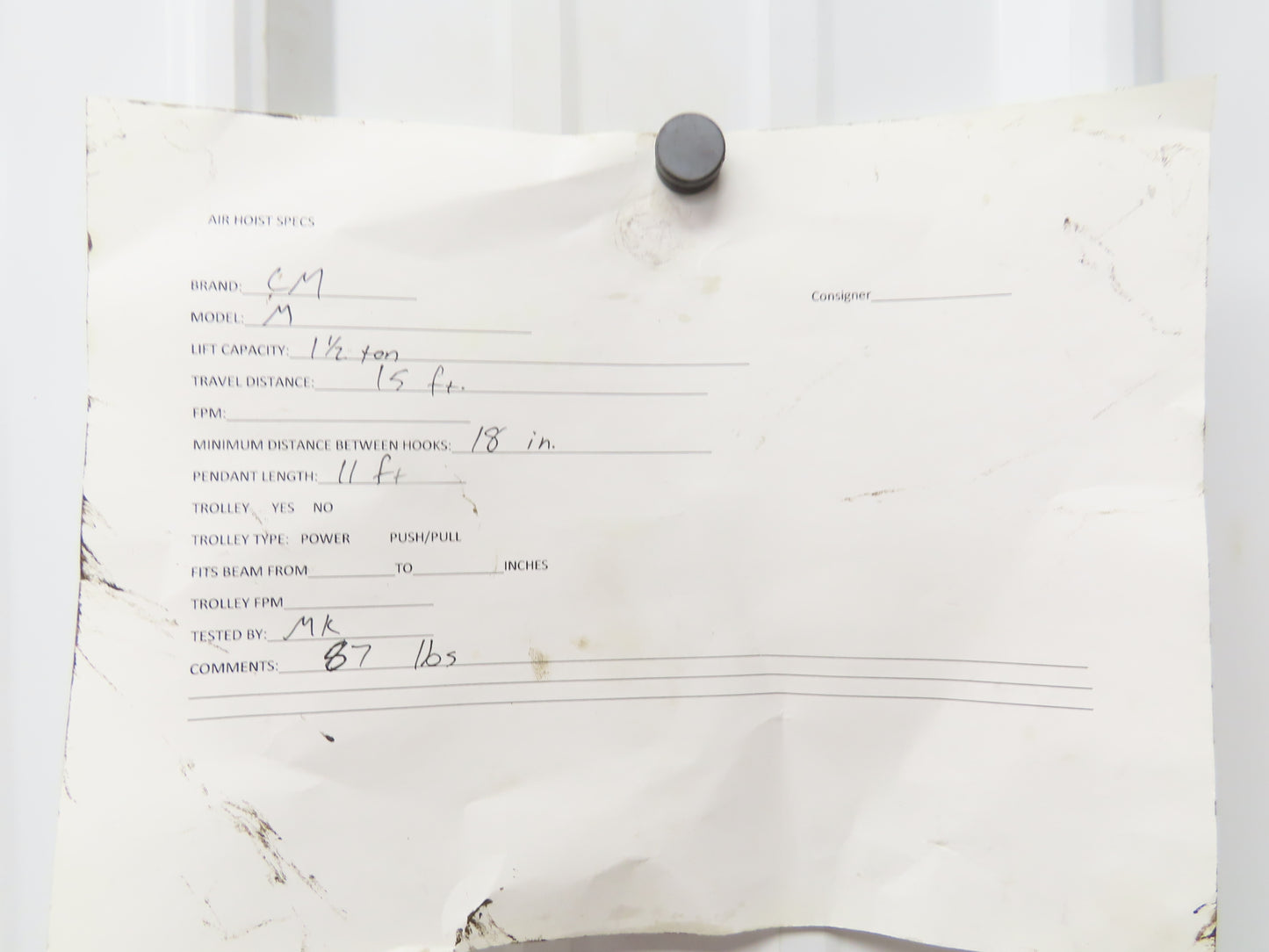 CM Cyclone Model M 1-1/2 Ton 3000Lb Manual Chain Fall Hand Hoist 15' Lift