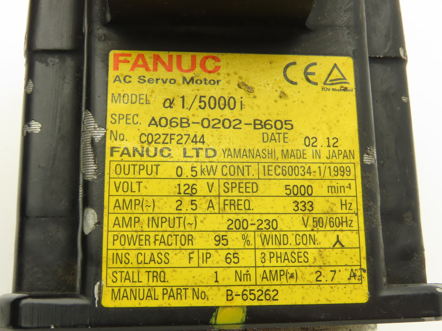 Fanuc AC Servo Motor 5kw 5000 RPM 126V Encoder A860-2014-T301