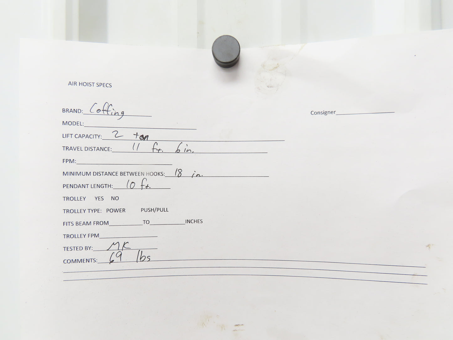 Coffing Superoid 2 Ton 4000Lb Manual Chain Fall Hand Hoist 11' 6" Lift