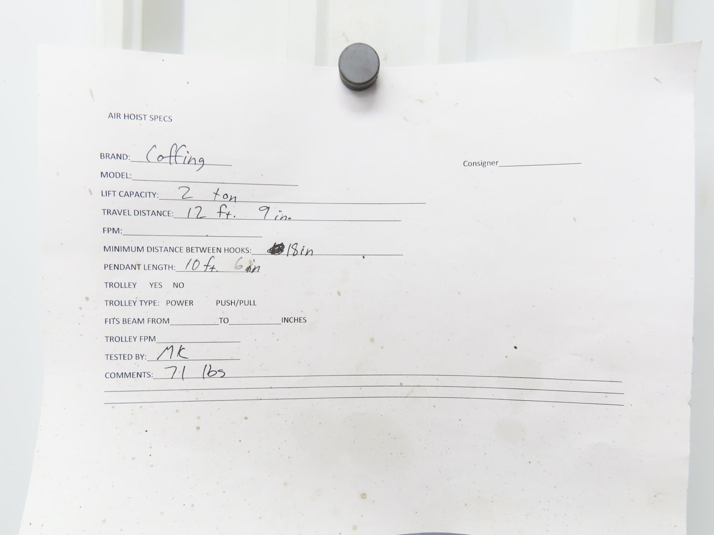 Coffing Superoid 2 Ton 4000Lb Manual Chain Fall Hand Hoist 12' 9" Lift