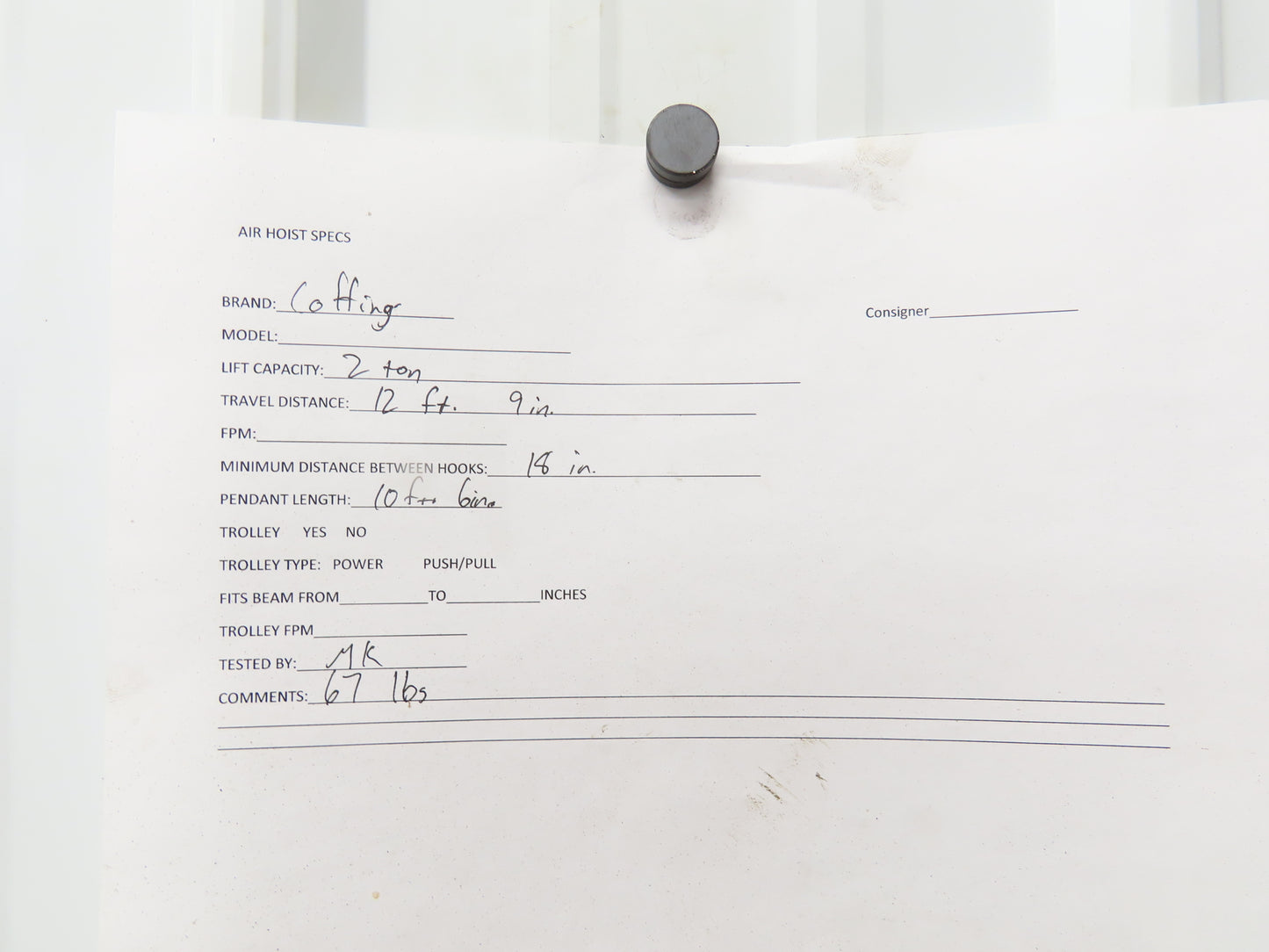 Coffing Superoid 2 Ton 4000Lb Manual Chain Fall Hand Hoist 12' 9" Lift