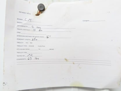 CM Cyclone Model S 2 Ton 4000Lb Manual Chain Fall Hand Hoist 10' Lift