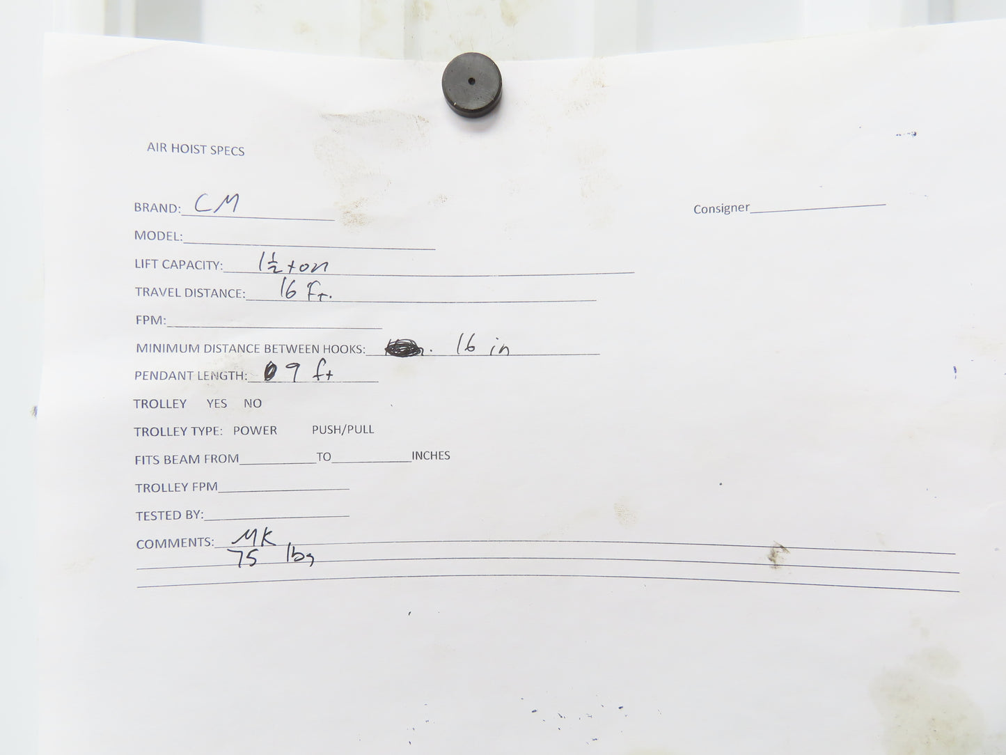 CM Cyclone 1-1/2 Ton 3000Lb Manual Chain Fall Hand Hoist 16' Lift