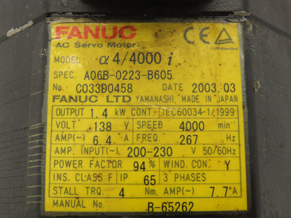 Fanuc AC Servo Motor 1.4kw 3PH 4000 RPM 138V Encoder A860-2014-T301