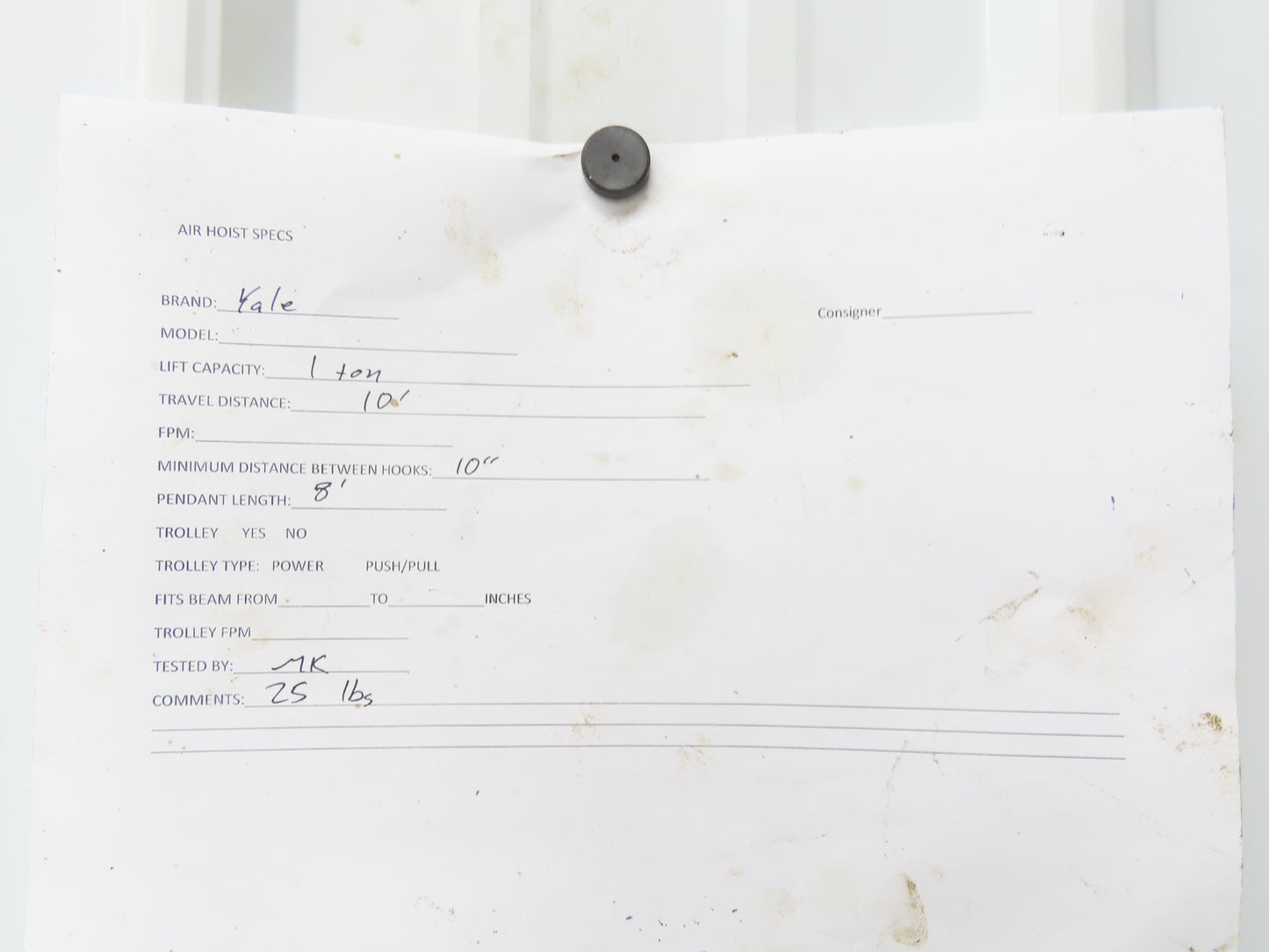 Yale BS 5 1 Ton 2000Lb Manual Chain Fall Hand Hoist 10' Lift