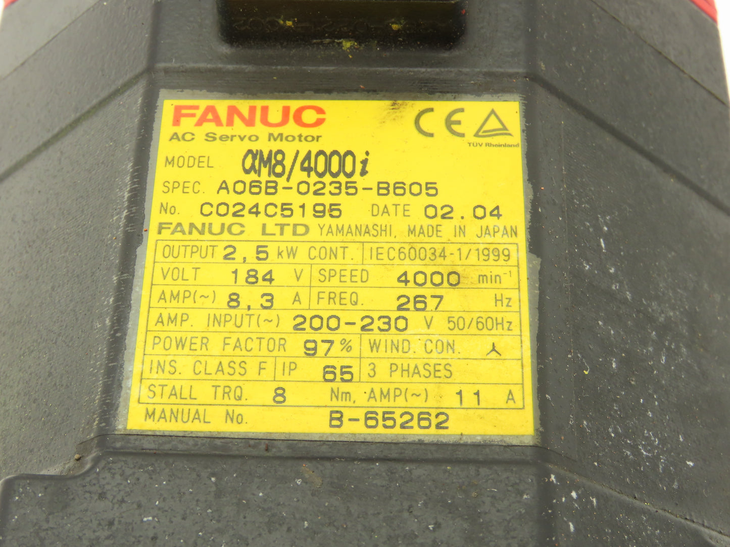 Fanuc AC Servo Motor 2.5kw 184V 3PH 4000 RPM 8.3A Encoder A860-2014-T301