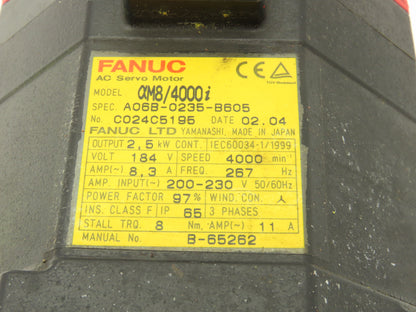 Fanuc AC Servo Motor 2.5kw 184V 3PH 4000 RPM 8.3A Encoder A860-2014-T301