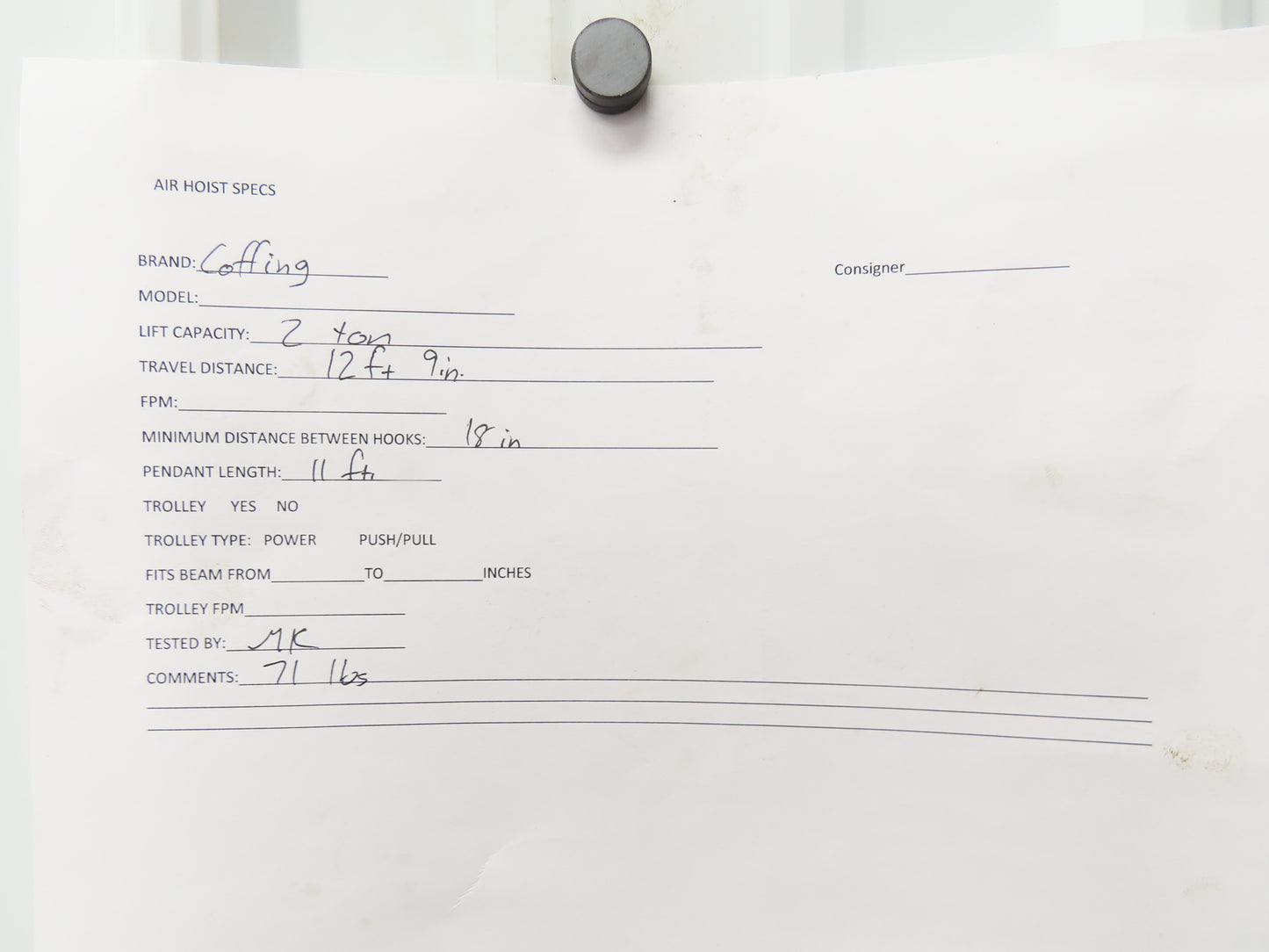 Coffing Superoid 2 Ton 4000Lb Manual Chain Fall Hand Hoist 12' 9" Lift