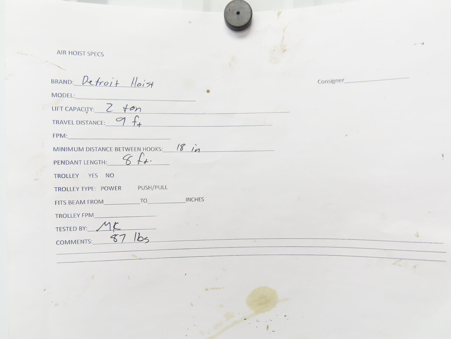 Detroit 2 Ton 4000Lb Manual Chain Fall Hand Hoist 9' Lift