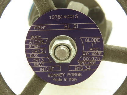Bonney Forge HL-31 1" Globe Valve Bolted Bonnet NPT Standard Port 800