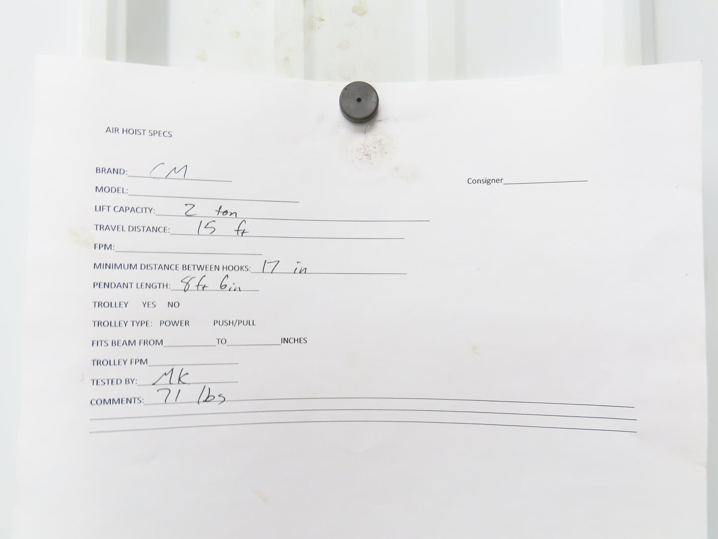 CM 2 Ton 4000Lb Manual Chain Fall Hand Hoist 15' Lift