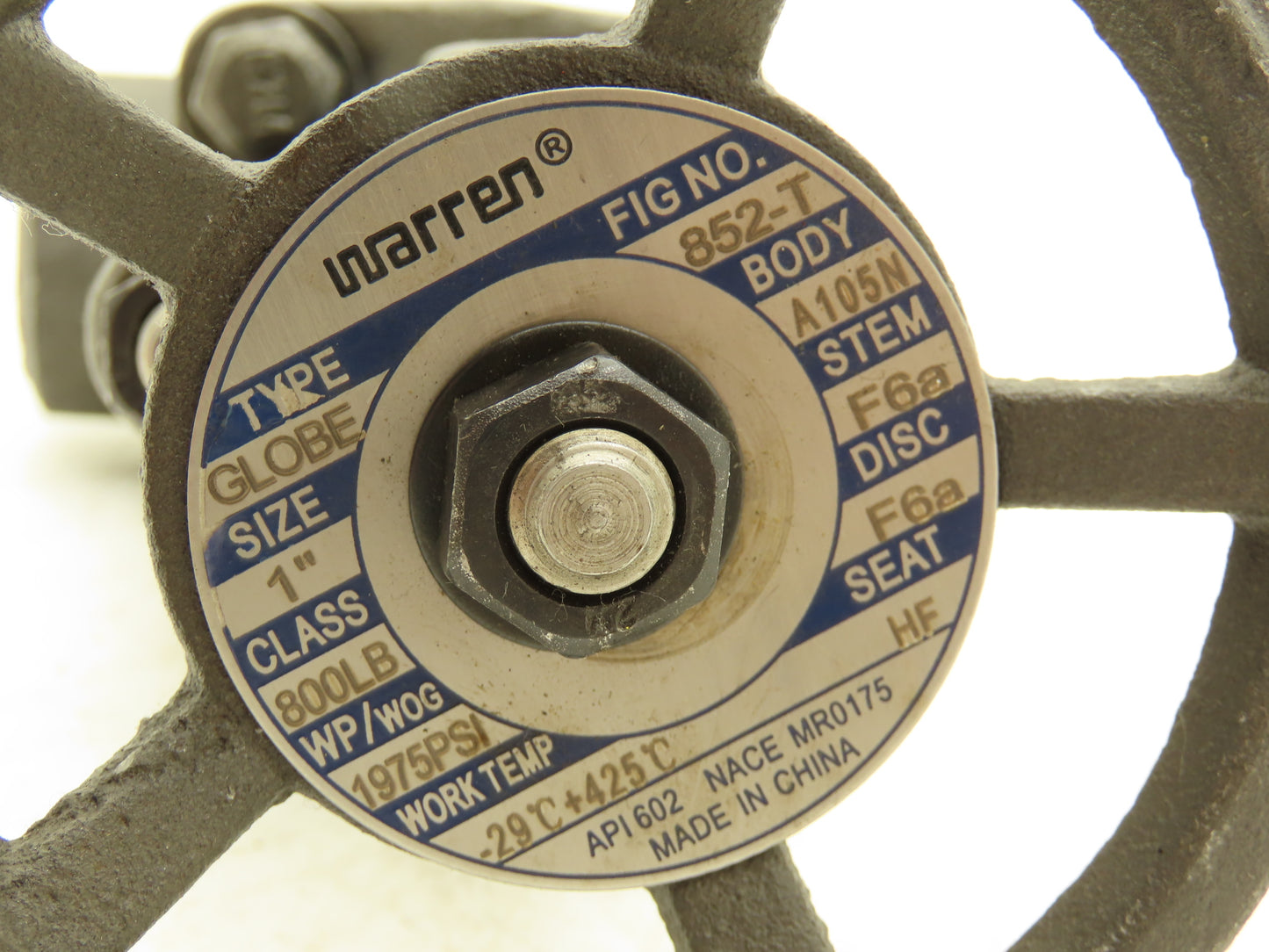 Warren 852-T Globe Valve 1"NPT Rising Stem Bolted Bonnet A105N 800# Steel