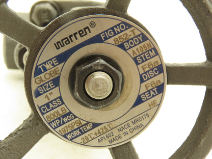 Warren 852-T Globe Valve 1"NPT Rising Stem Bolted Bonnet A105N 800# Steel