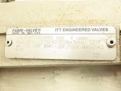 Fabri-Valve C37 4" Stainless Knife Gate Valve V-Port Rising Stem Metal Seat D1A2