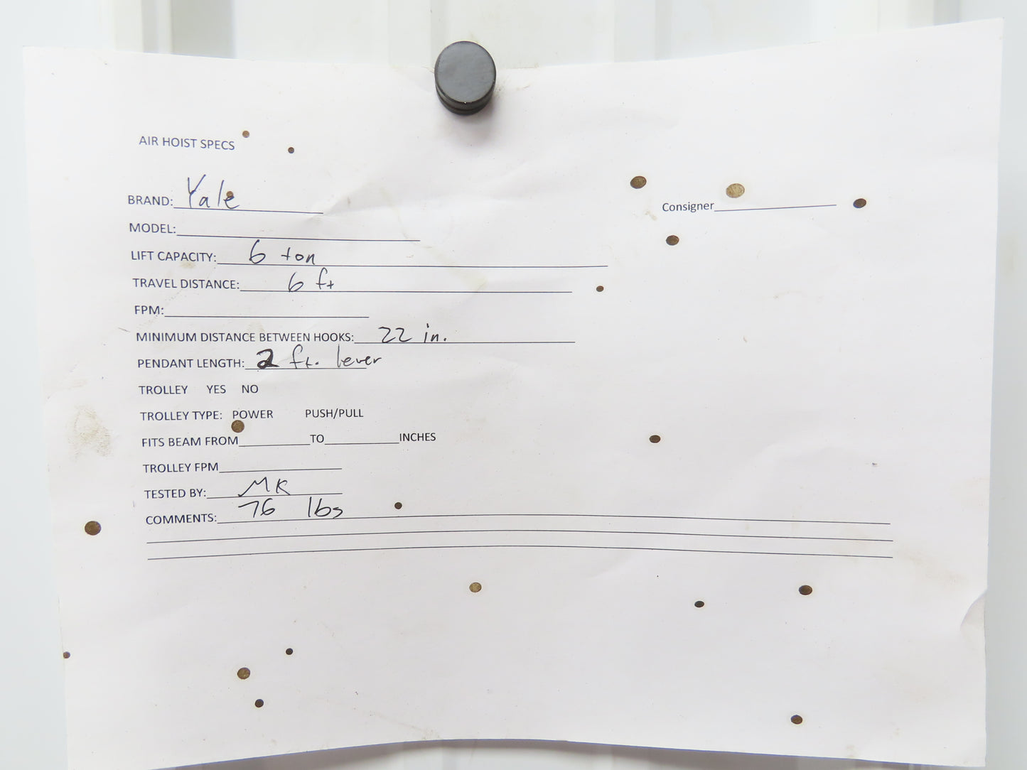 Yale D85 6 Ton 12000Lb Manual Roller Chain Hand Lever Ratchet Hoist 6' Lift