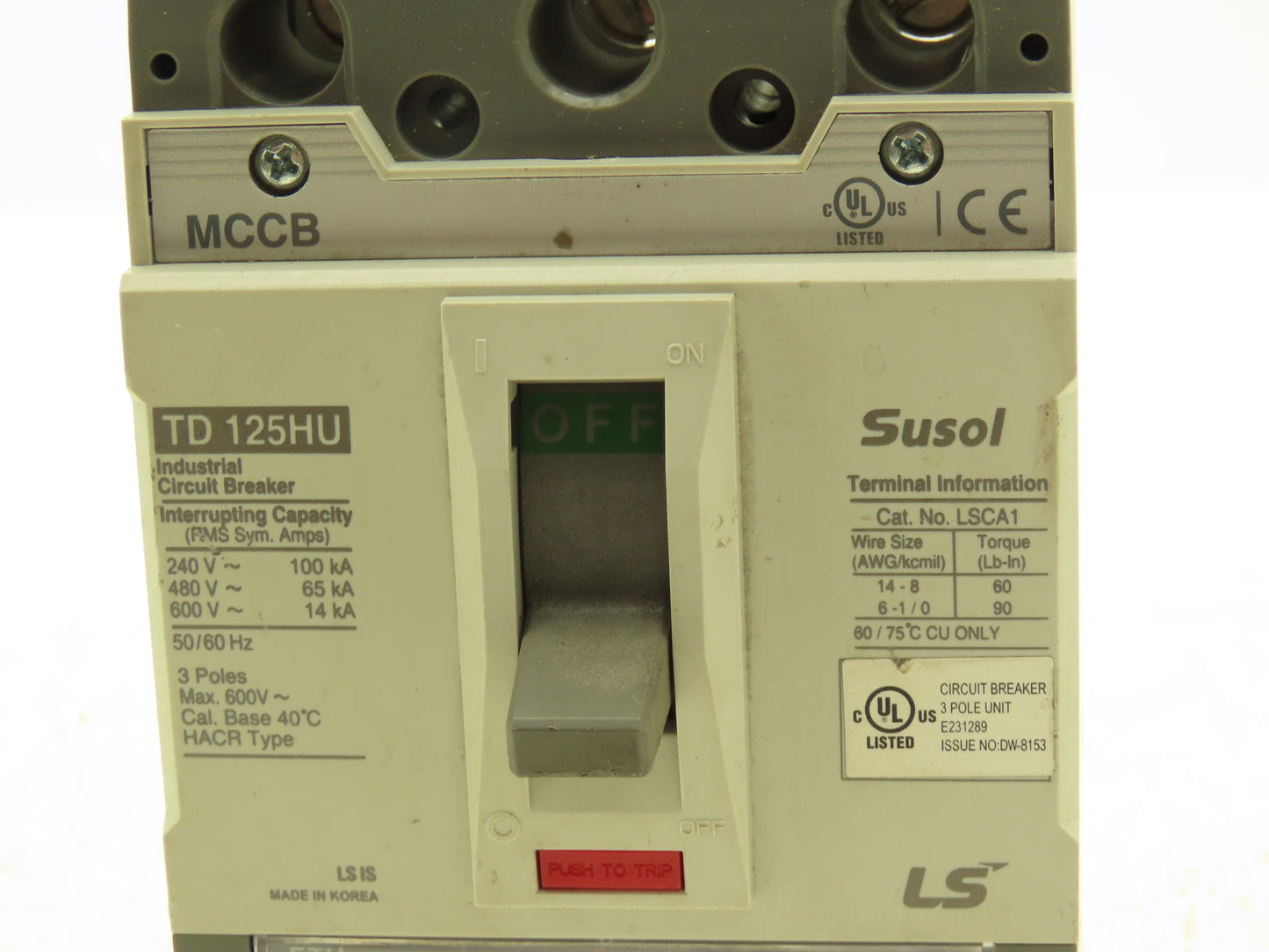 Susol TD 125HU-FTU 80A Circuit Breaker MCCB 3 Pole 80A 600V