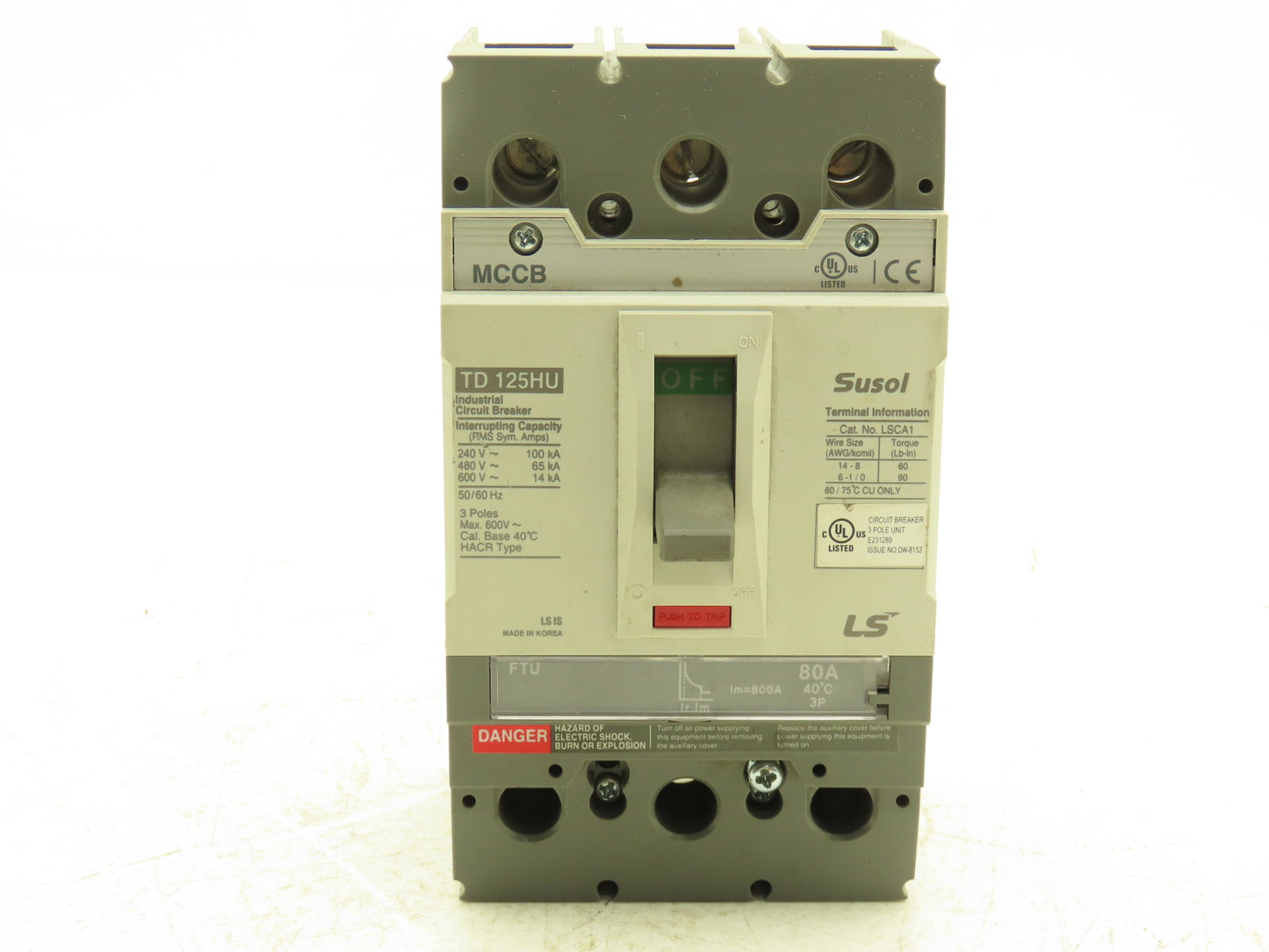 Susol TD 125HU-FTU 80A Circuit Breaker MCCB 3 Pole 80A 600V