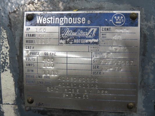 Westinghouse ABDP Life-Line A AC Motor 150Hp 180A 1183 RPM 460V 3PH 506US Frame