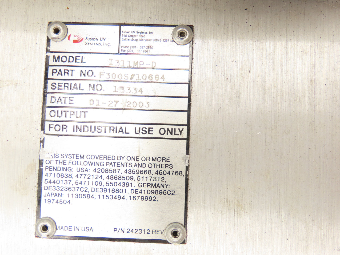 Fusion UV Systems I311MP-D Ultraviolet Light System Irradiator