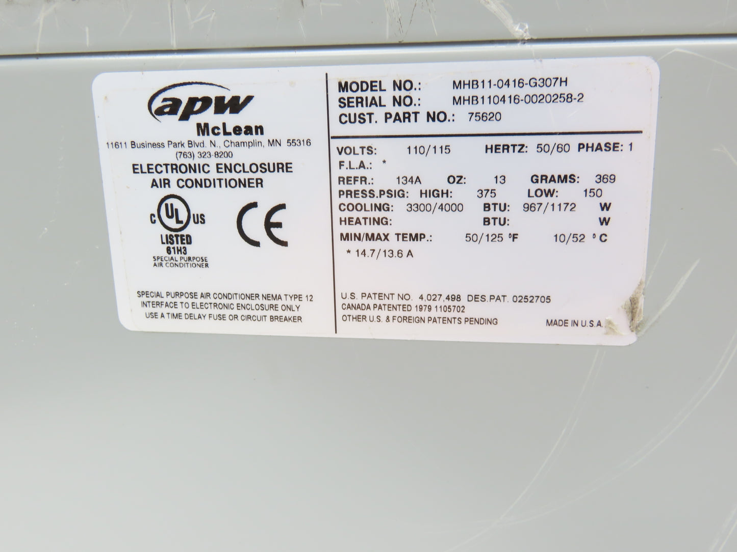 Hoffman MHB11-0416-G307H Electrical Enclosure Air Conditioner 4000BTU 1172W 115V