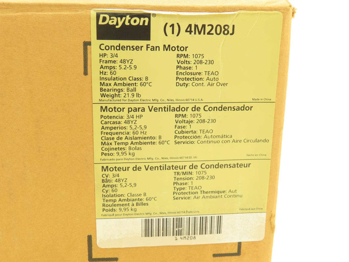 Dayton 4M208J PSC HVAC Condenser Fan Motor 3/4Hp 1075rpm 208-230V 1PH 48YZ TEAO