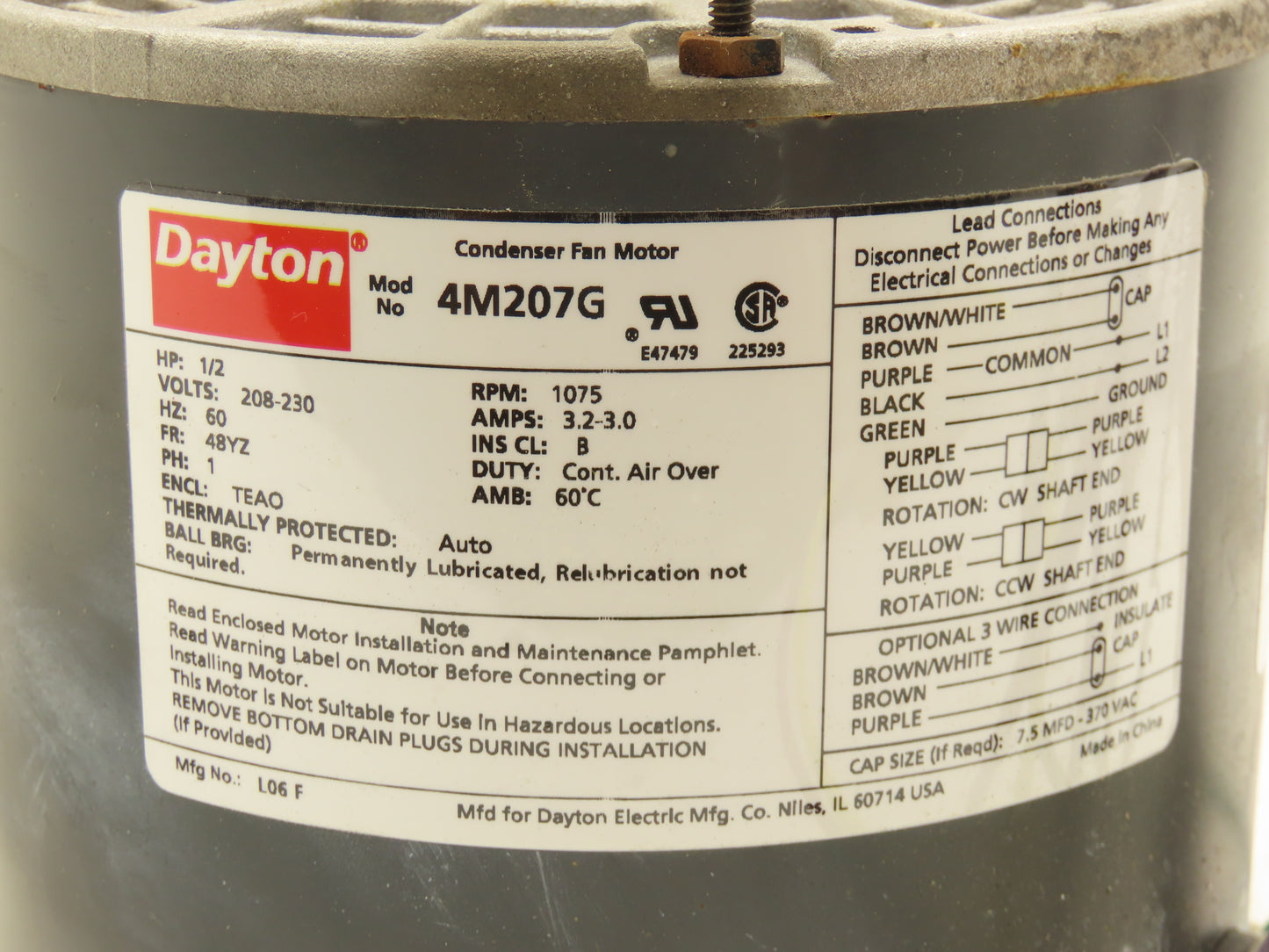 Dayton 4M207G PSC HVAC Condenser Fan Motor 1/2Hp 1075rpm 208-230V 1PH 48YZ TEAO