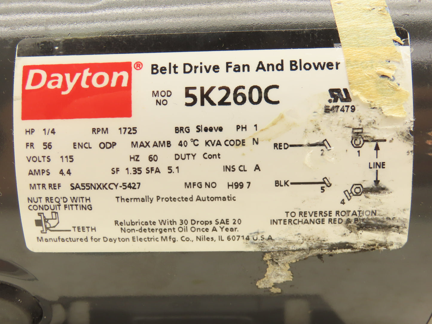 Dayton 5K260C Belt Drive Fan Blower Motor 1/4Hp 1725rpm 115V 1PH 56 Frame ODP