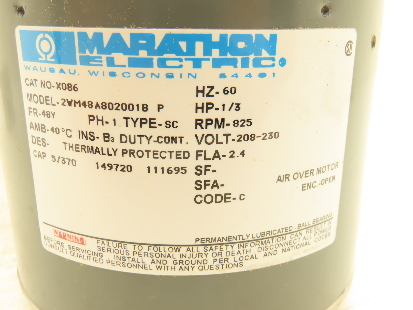 Marathon 2WM48A802001B PSC HVAC Blower Fan Motor 1/3Hp 825rpm 208-230V 1PH 48Y