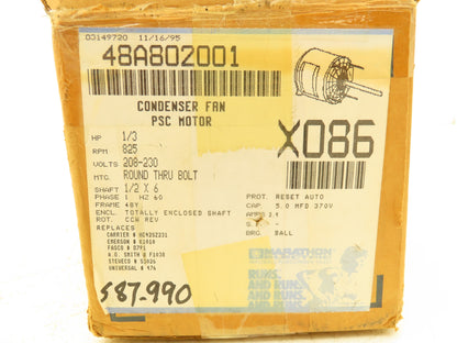 Marathon 2WM48A802001B PSC HVAC Blower Fan Motor 1/3Hp 825rpm 208-230V 1PH 48Y