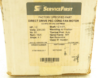 Emerson KA55HXFEK-1288 PSC Condenser Fan Motor 1/2Hp 1625rpm 208-230V 1PH 48Y