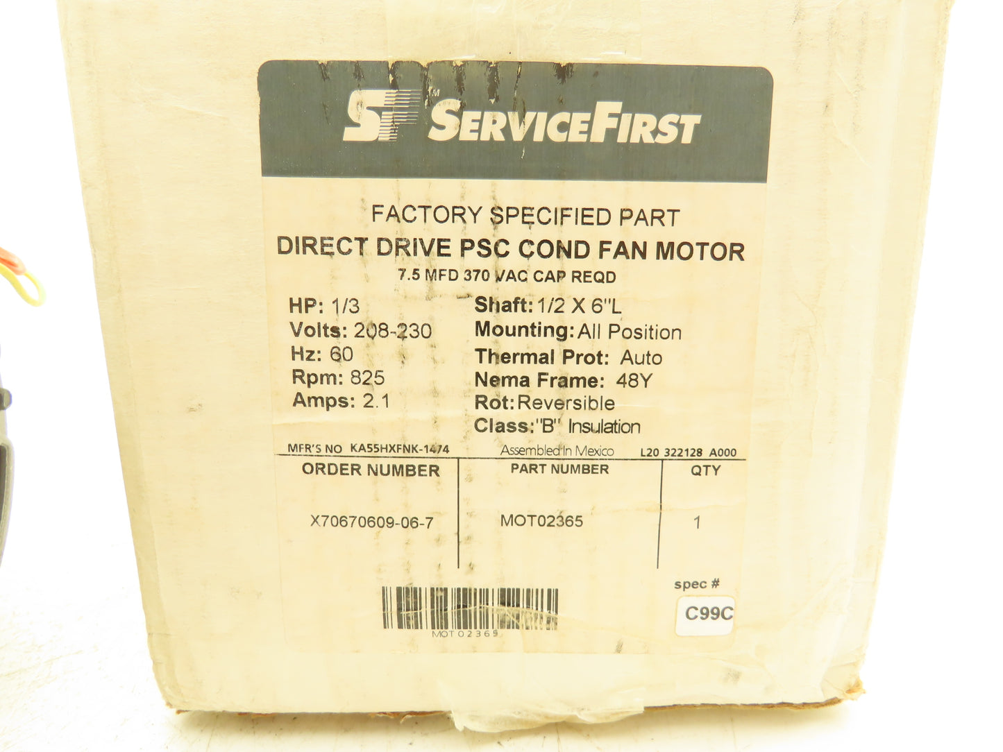 Emerson KA55HXFNK-1474 PSC Condenser Fan Motor 1/3Hp 825rpm 208-230V 1PH 48Y