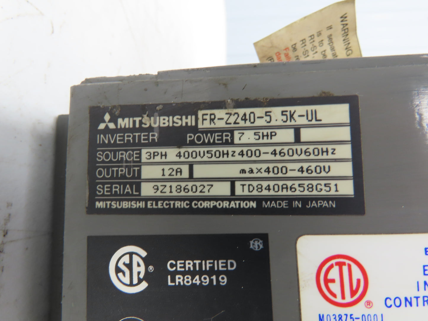 Mitsubishi FR-Z240-5.5K-UL AC Inverter Drive VFD 7.5Hp 400-460VAC 3PH 12A