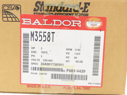 Baldor Electric M3558T AC Motor 2Hp 1740rpm 230/460V 3PH 145T TEFC 7/8"Shaft