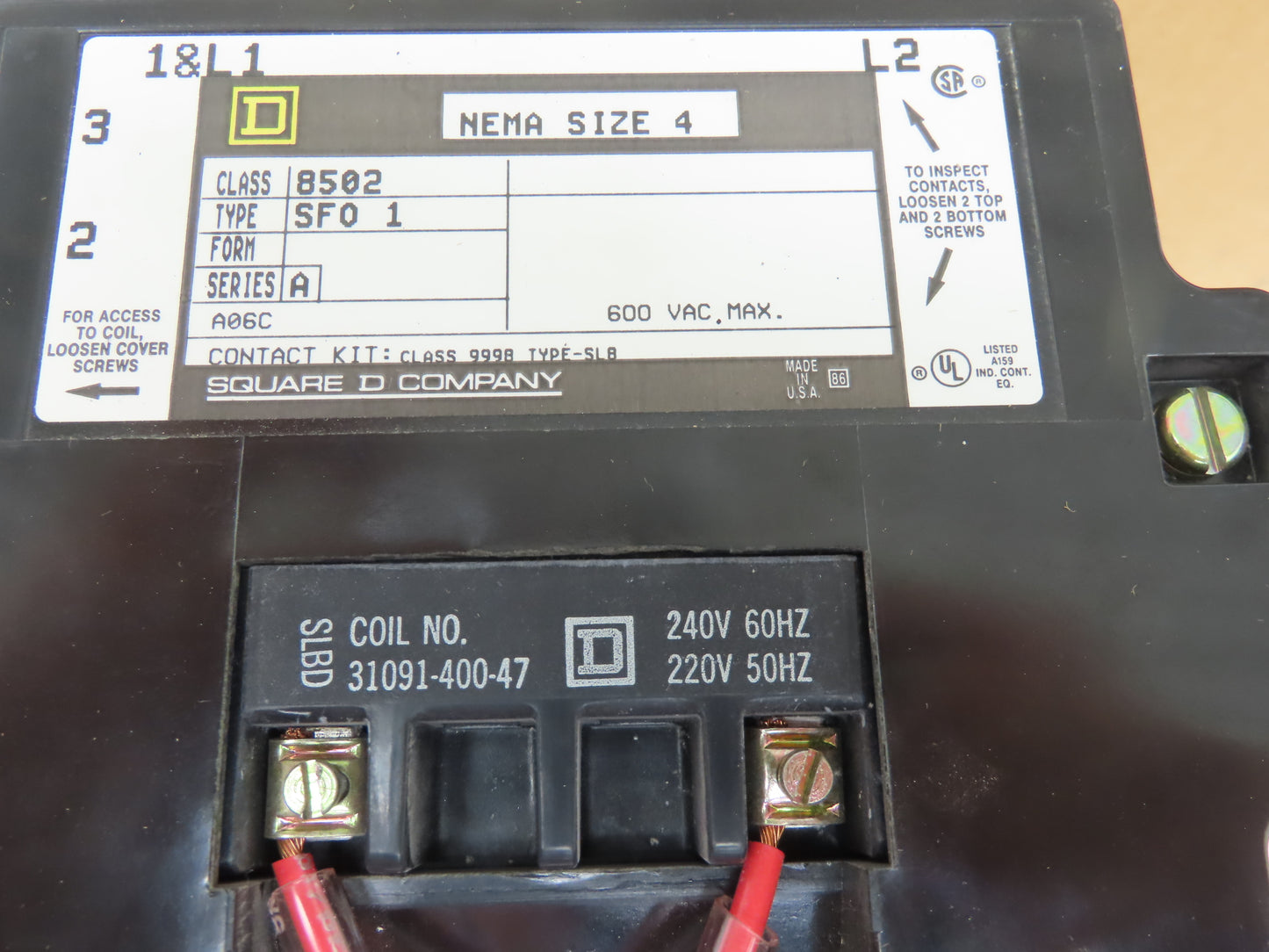 Square D 8502 SFO1 NEMA Size 4 Motor Starter 2-Pole Contactor DC 600V 240V Coil