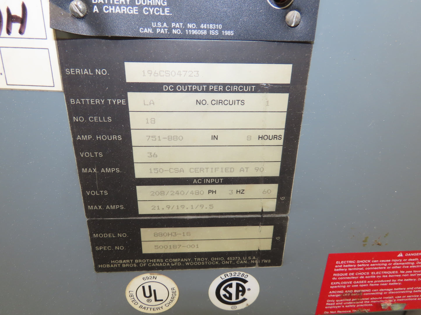 Hobart 880H3-18 Battery Mate Charger Forklift 36V 751-880Ah 150A 240/480V 3Ph