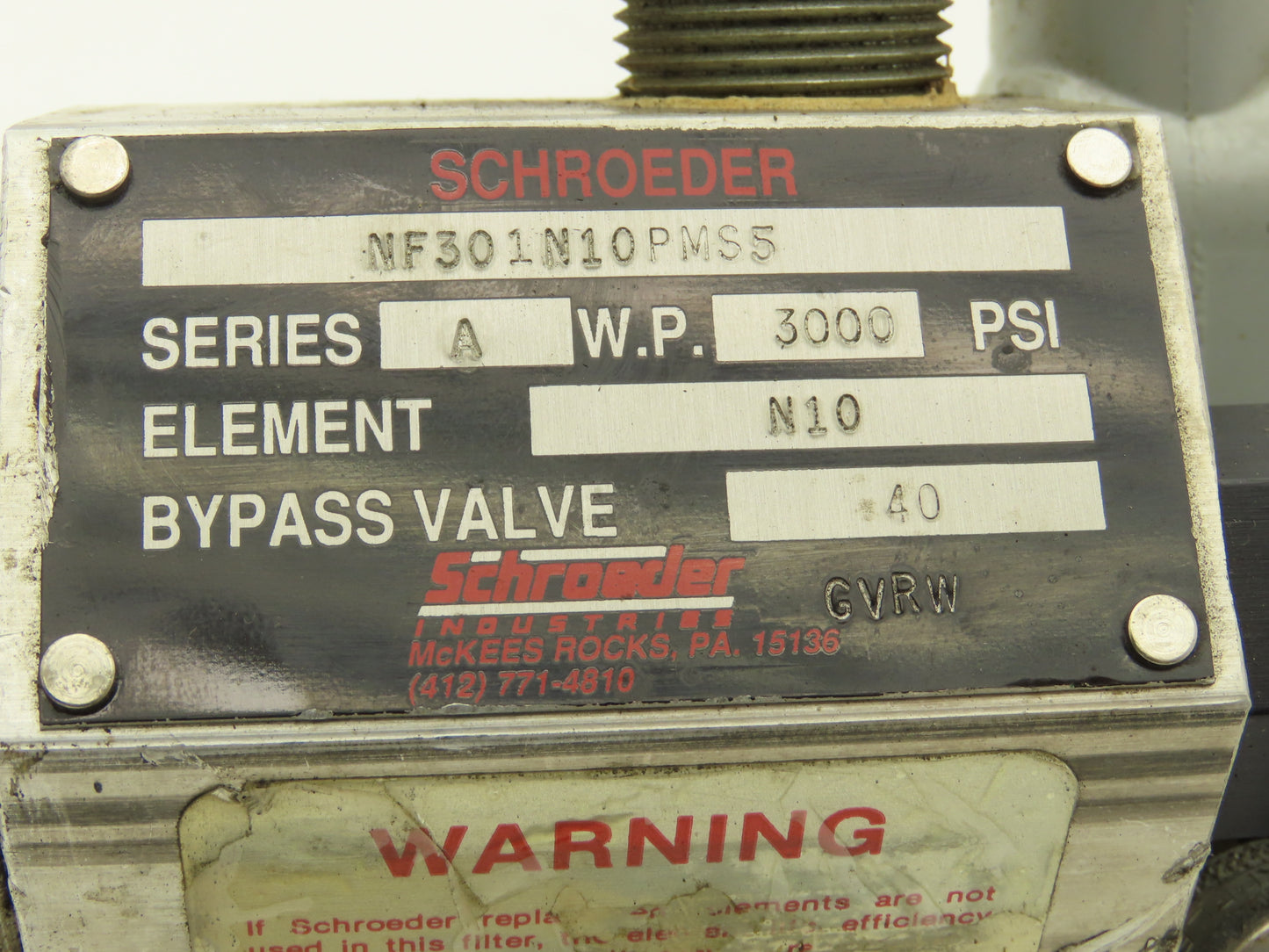 Schroeder NF301N10PMS5 Hydraulic Filter 3/4" NPT 3000 PSI 20 GPM N10 Element