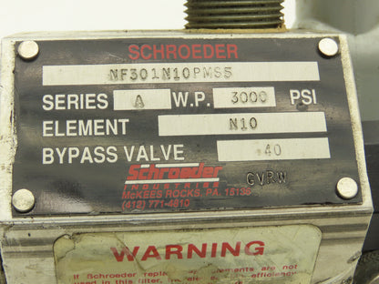 Schroeder NF301N10PMS5 Hydraulic Filter 3/4" NPT 3000 PSI 20 GPM N10 Element