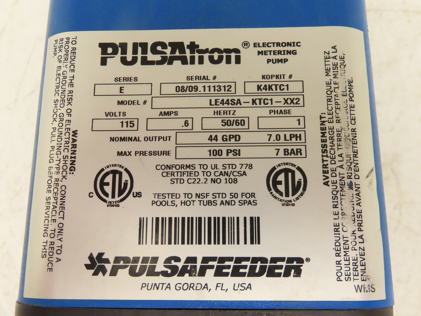 Pulsatron LE44SA-KTC1-XX2 Metering Pump 44 GPD 7.0 LPH 100 PSI 115 V Series E
