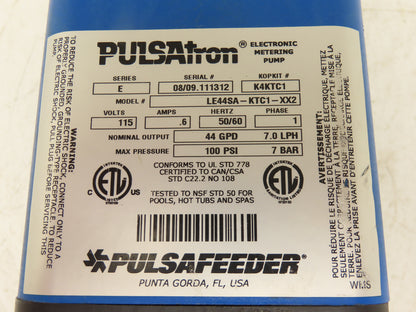 Pulsatron LE44SA-KTC1-XX2 Metering Pump 44 GPD 7.0 LPH 100 PSI 115 V Series E