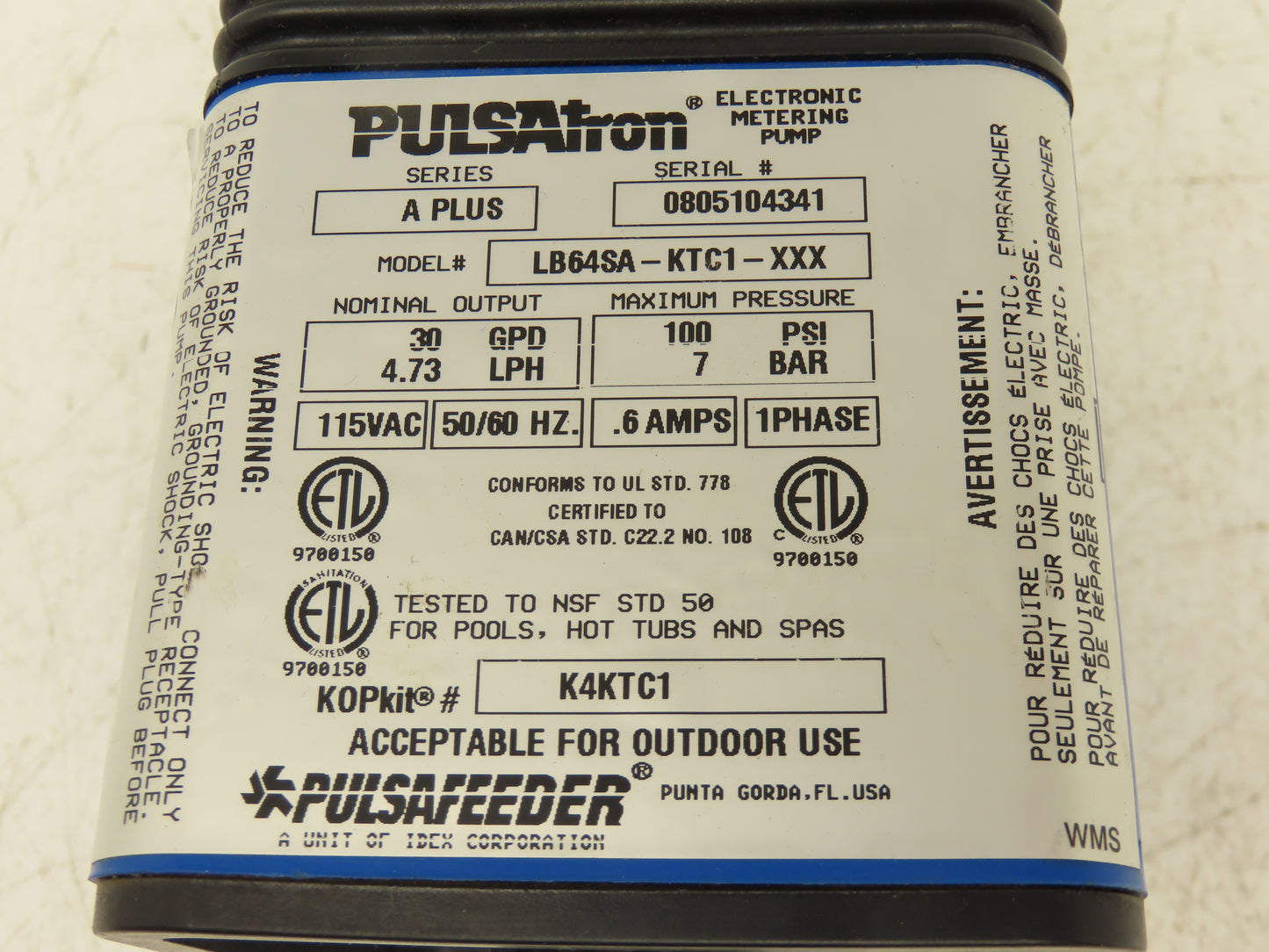 Pulsatron LB64SA-KTC1-XXX Metering Pump 30 GPD 4.73LPH 100PSI 115V Series A Plus