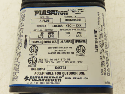 Pulsatron LB64SA-KTC1-XXX Metering Pump 30 GPD 4.73LPH 100PSI 115V Series A Plus