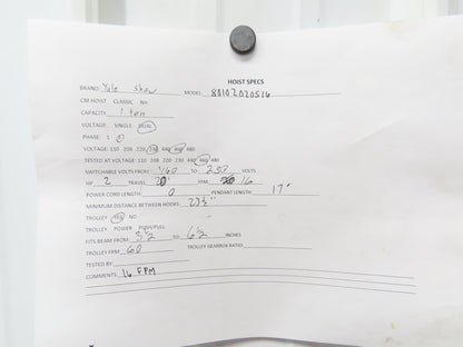 Shaw-Box 80L02025S16 Yale LiftTech Electric Cable Hoist 1 Ton 20' Lift 16FPM 3Ph