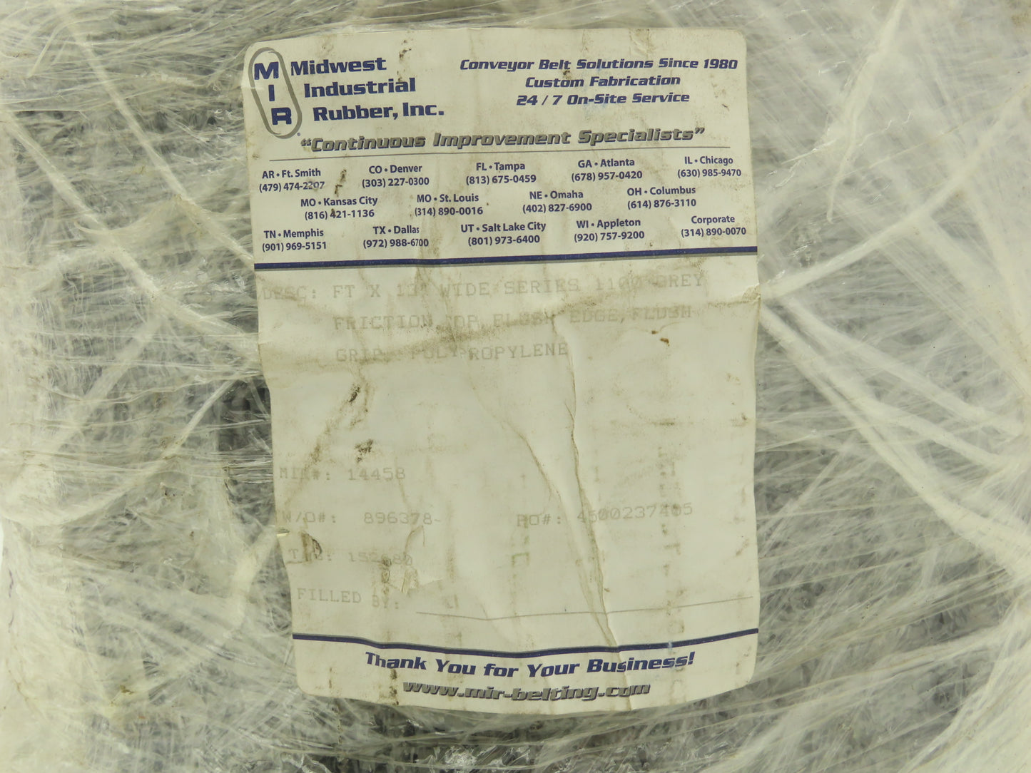 Midwest Rubber 1100 MatTop Flush Grid Friction Top Conveyor Belt 13"W x 16' 3"L